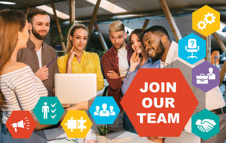 Join Our Team Banner. Woman Showing Headhunting Website On Digital Tablet To Colleagues In Office. Collage With Textの写真素材