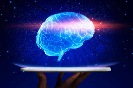 Artificial intelligence. Woman holding laptop with abstract brain on blue background, panoramaの写真素材
