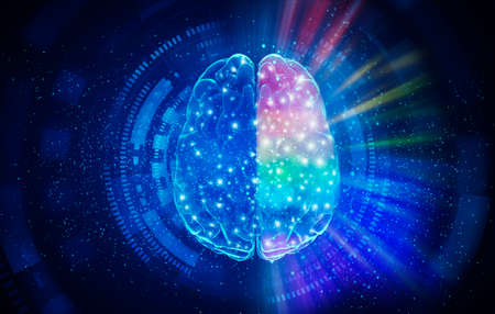 3d illustration of glowing digital human brain hologram on abstract futuristic background, AI...