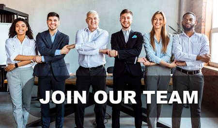 Join Our Team. Diverse Business People Holding Hands Standing In Row In Modern Office, Smiling To Camera. Collageの写真素材