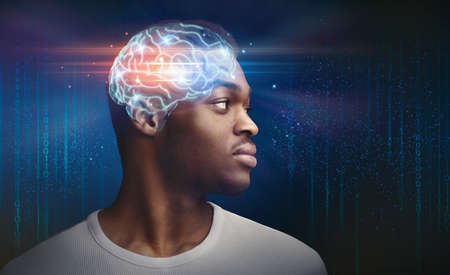 Artificial Intelligence. Creative Collage Of African American Man Profile With Digital Brain Hologram Over Abstract Binary Code Backgroundの写真素材