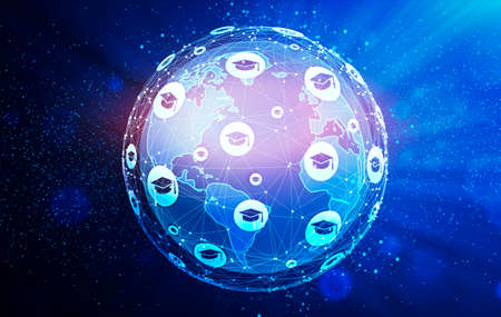 Digital Learning And Education Concept. World Globe Hologram With Graduation Cap Icons Network, Creative Illustration In Futuristic Designの写真素材