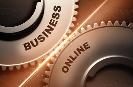 Online Business Conceptual Illustration With Connected Cogwheels Gears And Combination Of Two Words Over Gray Background. IT Industry Progress And Creative Internet Startups Conceptの写真素材