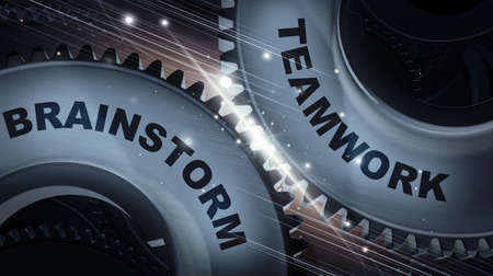 Combination Of Words Teamwork And Brainstorm On Connected Cogwheels Working Together On Black Background. Business Strategy And Brainstorming Concept. Conceptual Illustration, Panoramaの写真素材