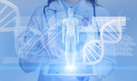 Electronic medical record. Female doctor in white coat holding tablet with body hologram for examination, heart and dna code, double exposureの写真素材