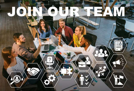 Join Our Team, Collage With Text. Creative Coworkers Giving High Five Working Together Sitting At...