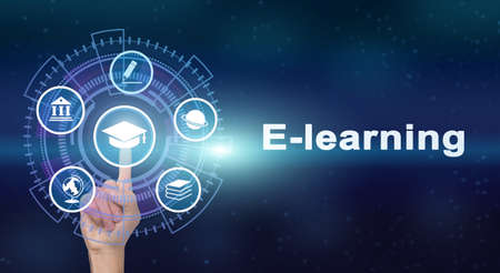 E-Learning Concept. Male Hand Pressing Key With Academic Cap On Virtual Screen Over Blue Background....