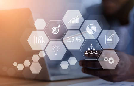 Software for business. Business processes icons over unrecognizable black entrepreneur using...