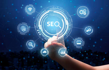 Female Hand Clicking Seo Keyword On Virtual Panel Choosing Seo-Optimization Tools Over Blue...