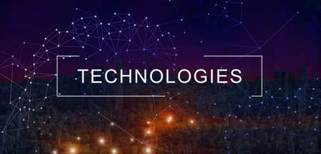 Technologies Concept. Creative Futuristic Background With Night Urban Smart Cityscape And Polygonal Connections, Modern Design, Creative Website Banner Or Wallpaper, Abstract Illustration, Panoramaの写真素材