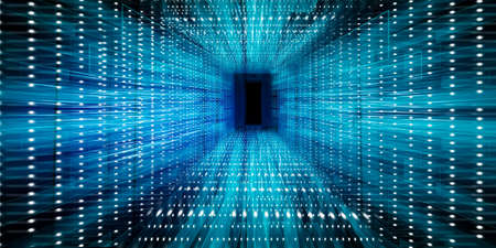 Abstract Database Server Room Or Virtual Tunnel, Neon Blue Background. Futuristic Cyberspace Corridor With Light Rays. Future Internet Innovations And Hi-Tech Concept. Panorama, Collageの写真素材