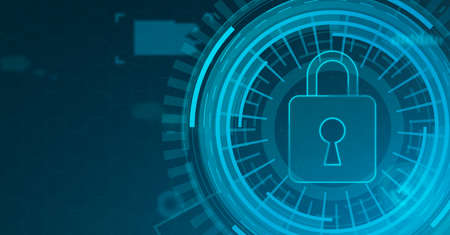Safety And Personal Data Cyber Security Concept. Closed padlock with keyhole icon on abstract digital blue background in circle. Illustration of information privacy idea. Internet service technologyの写真素材