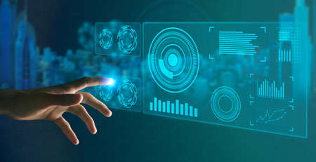 Touch The Future Concept. Creative collage of hand reaching out to virtual holographic panel screen...