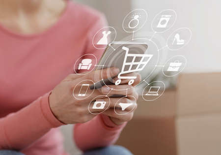 Closeup of young lady using mobile phone for online shopping at home, creative collage with icons of basket trolley and different household goods on virtual screenの写真素材