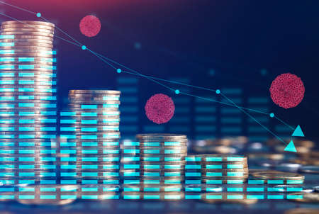 Global Economics Financial Crisis. Decreasing Money Coins Columns And Financial Data Graphs Over Blue Background With Microscopic Coronavirus. Coronacrisis And Economy Collapse Concept. Collageの写真素材