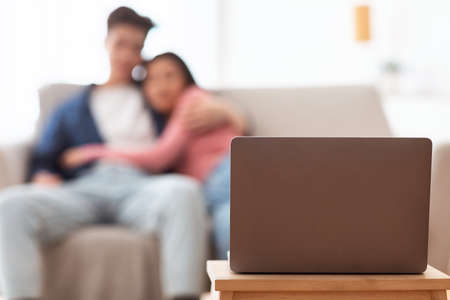 Couple Watching Movie On Laptop Sitting On Couch At Home. Unrecognizable Asian Spouses Enjoying...