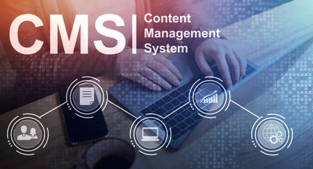 CMS concept. Collage of IT administrator working with laptop at desk, words Content Management System and web marketing icons on imaginary screen. Panoramaの写真素材