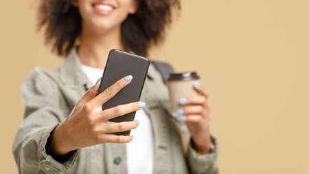 Millennial, modern lifestyle and photo for blog after quarantine. Happy african american lady with...