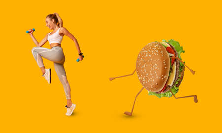 Weight Loss. Fit Woman Running Away From Burger Exercising Losing Weight On Yellow Background. Hamburger Chasing Lady. Unhealthy Junk Food, Fitness Diet And Cheat Meal, Weight-Loss Nutrition. Collageの写真素材