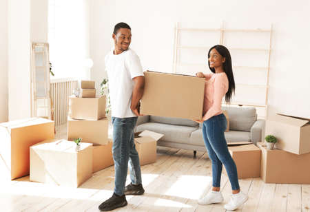 African American tenants carrying cardboard box with belongings in new home. Young black homeowners...