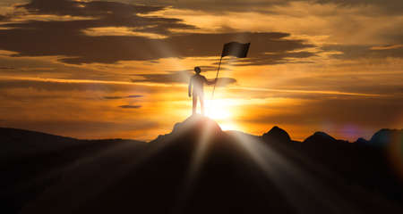 Success, Personal Achievement. Man Standing On The Top Of Mountain Hill Holding Flag Outdoor,...