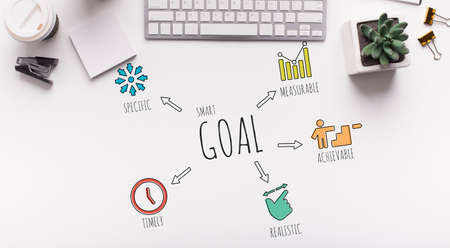 Smart Goal Wordcloud With Words Over White Office Table Background With Motivational Words. Goals...