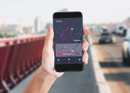 Woman Holding Smartphone Using Navigator App Walking In Urban Area In City. Route Navigation, Travel...