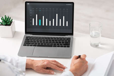 Female entrepreneur working with business chart on laptop screen, closeup. SEO manager analyzing...