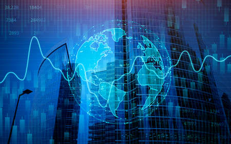 World economics during covid-19 epidemic. Double exposure collage with modern high-rise buildings on...