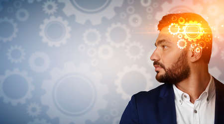Side view of SEO manager thinking over business ideas and looking at blank space, collage with...