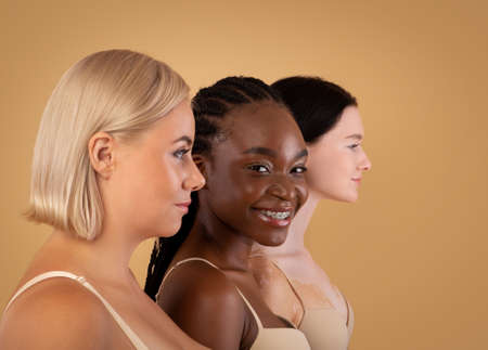 Profile Portrait Of Three Beautiful Body Positive Multiracial Women With Different Appearances Posing In Bras Over Beige Background, Young African American Female Smiling At Camera, Copy Spaceの写真素材