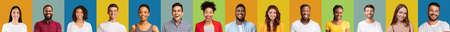 Set of real people portraits with smiling faces posing on different colorful backgrounds. Composite image of multiethnic millennials expressing positive emotions. Panorama, collageの写真素材