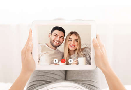 Happy Friends Communicating Online Via Video Call On Digital Tablet At Home. Lady Calling Remote...