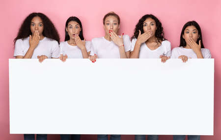 Group Of Shocked Mixed Women Holding Empty Paper Poster Board With Copy Space For Text Standing Posing On Pink Studio Background. Advertisement Banner. Mockupの写真素材