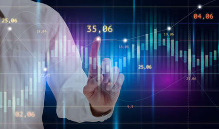 Unrecognizable Businessman Pointing At Digital Interface With Financial Chart, Analyzing Trading...