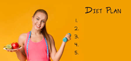 Creative Background For Diet Plan List With Sporty Young Woman Holding Dumbbell And Plate With Fresh...