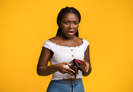 Displeased African American Woman Demonstrating Empty Wallet With No Money Inside, Poor African Lady...