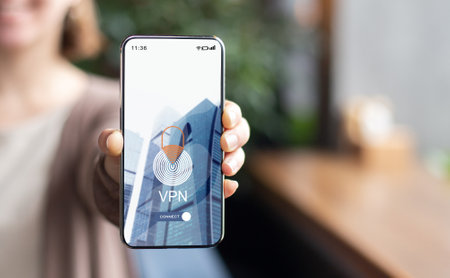 Personal Data Protection. Woman Demonstrating Smartphone With Opened Vpn App On Screen, Unrecognizable Lady Showing Modern Application For Syber Security And Information Privacy, Creative Collageの写真素材