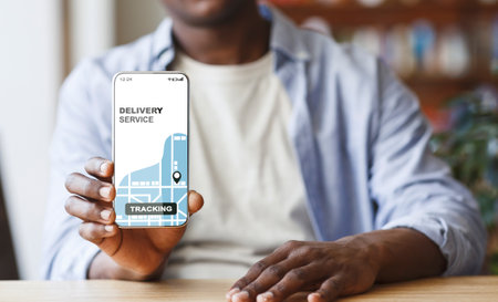 Black Man Demonstrating Smartphone With Opened Delivery Service Tracking App On Screen, Enjoying Modern Technologies For Logistic And Shipping, Creative Collage, Cropped Imageの写真素材