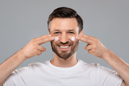 Smiling handsome man applying anti-aging cream on his face, closeup. Middle-aged bearded man with cream on his cheeks from wrinkles and dryness, grey studio background, eye and face care for menの写真素材