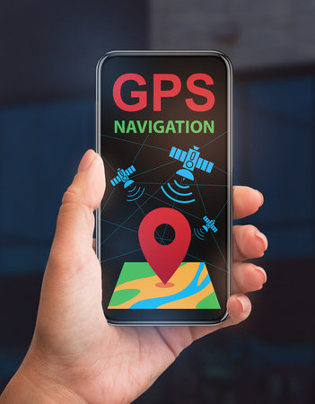 Gps Navigation Mobile App Interface On Smartphone Screen In Female Hand, Creative Collage With...