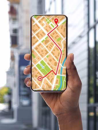 Navigation In Your Smartphone. Unrecognizable African American Woman Using City Maps In Gps App On...