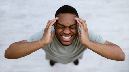 Top View Of Black Man Having Headache Suffering From Migraine Pain, Touching Aching Head Standing Indoors Over Gray Background. Male Health Problem Concept. Panorama, Selective Focusの写真素材