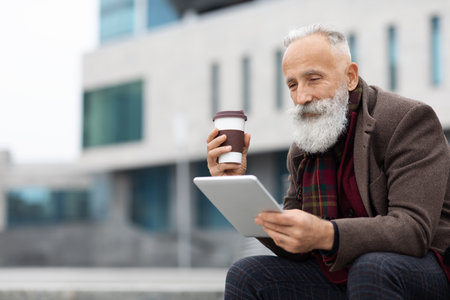 Grey-haired elderly man in warm outfit using digital tablet and drinking coffee to go while sitting on the street, enjoying his free time outdoors, reading book or checking social media, copy spaceの写真素材