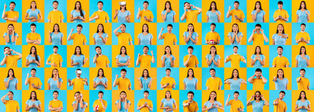 Composite collage of different human facial expressions and emotions of young woman and man. Mosaic set of many positive and negative female male feelings. Couple posing. Technology, panorama, bannerの写真素材