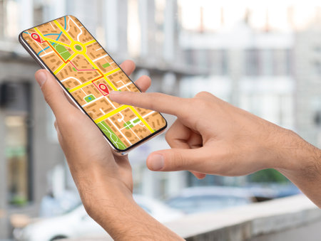 Man Using Smartphone App With Gps Maps For Search Location, Unrecognizable Male Browsing Modern Mobile Application For Navigation In Urban City, Creative Collage, Closeupの写真素材
