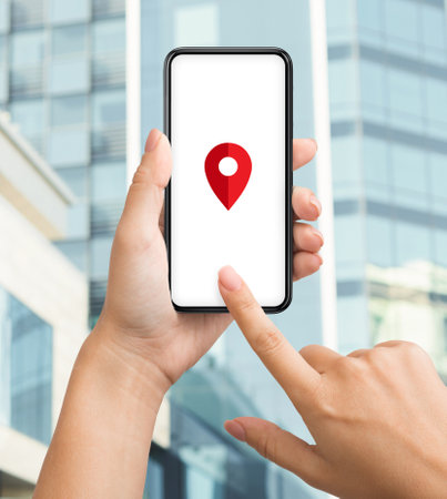 Navigation App. Unrecognizable Female Using Smartphone With Gps System Application, Holding Mobile Phone With Red Pinpoint Icon On Screen, Browsing Online Maps While Walking In City, Creative Collageの写真素材