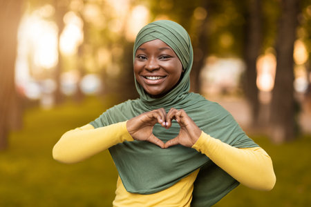 Love Concept. Smiling African Muslim Woman In Hijab Showing Heart Gesture, Holding Hands Near Chest And Smiling At Camera, Positive Black Islamic Lady In Headscarf Posing Outdoors, Free Spaceの写真素材