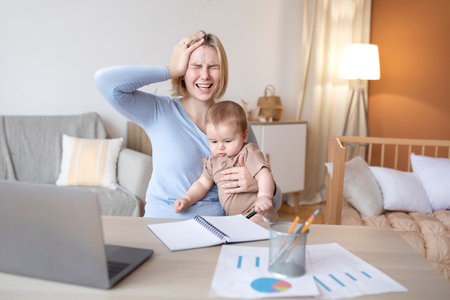 Nervous blonde woman young mother of toddler working from home, sitting in front of laptop, reading marketing reports, touching her head and screaming, holding baby on her lap, copy spaceの写真素材