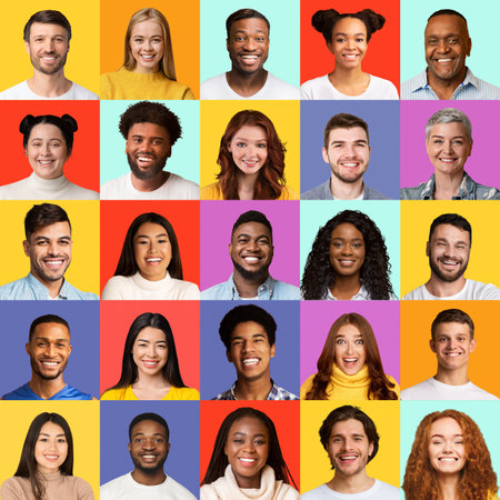 Multiethnic People Faces Collage With Smiling Males And Females Posing Over Colorful Studio...